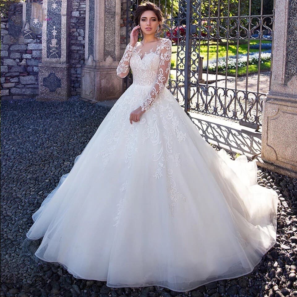 Cross-border Sourcing Long Sleeve Wedding Dress 2026 Style Train White Simple Elegant Lace Mid-Waist Wedding Dress Studio Wholesale