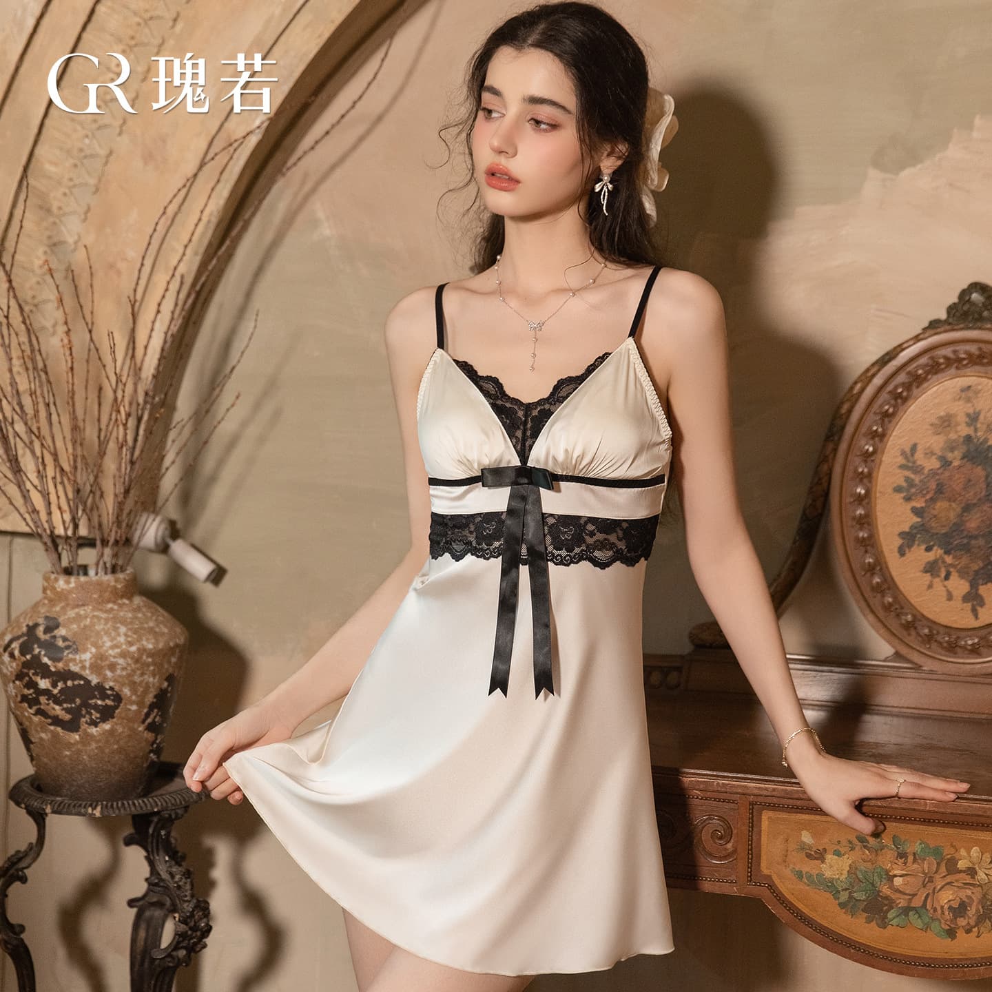 DZ Guiruo Sweet Pajamas Contrast Lace 3D Bow with Padded Satin Nightgown Robe Set XK7040
