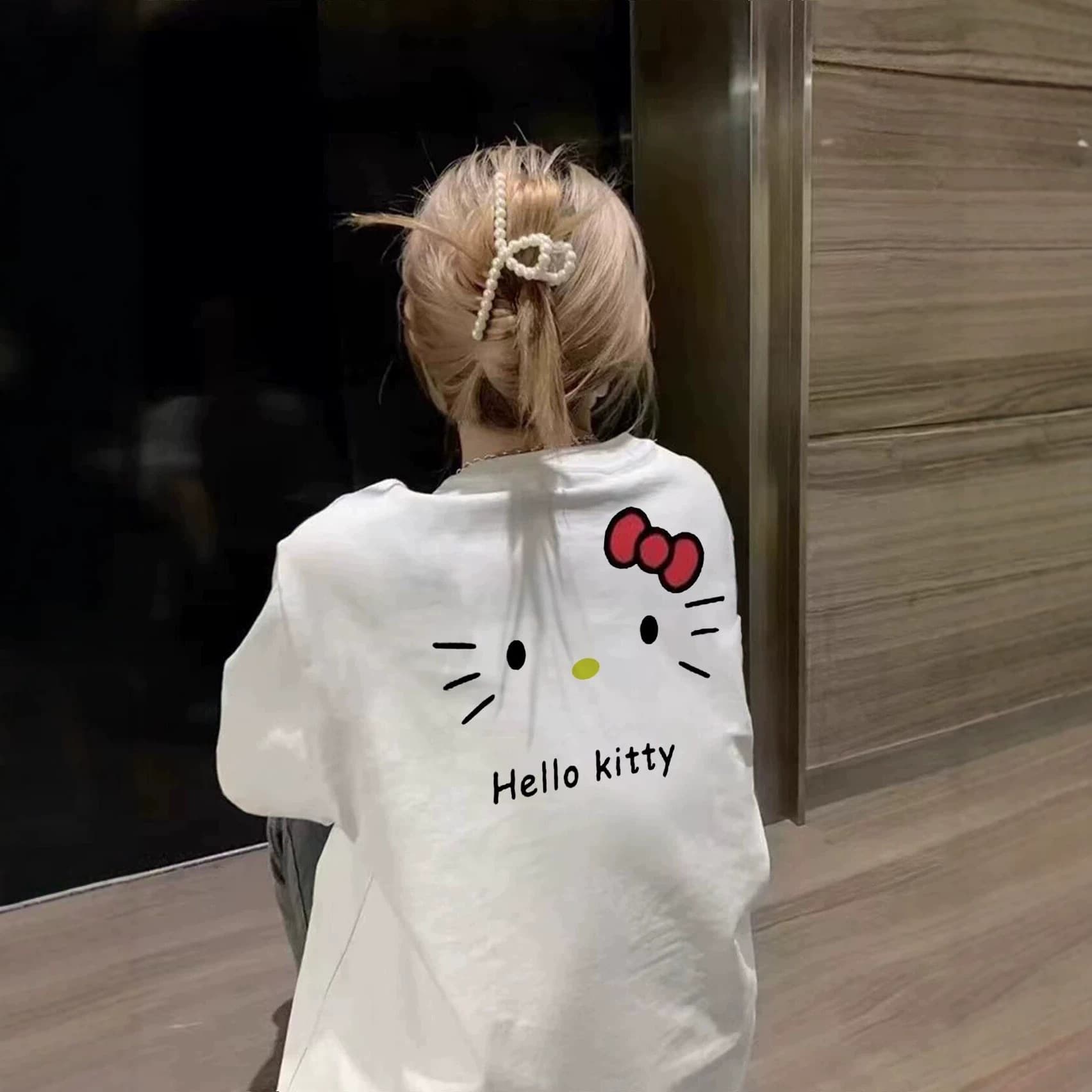 Hello Kitty Top Cartoon T-Shirt for Women Short Sleeve Slimming American Casual Lazy Style Off-Shoulder Top Women Ins