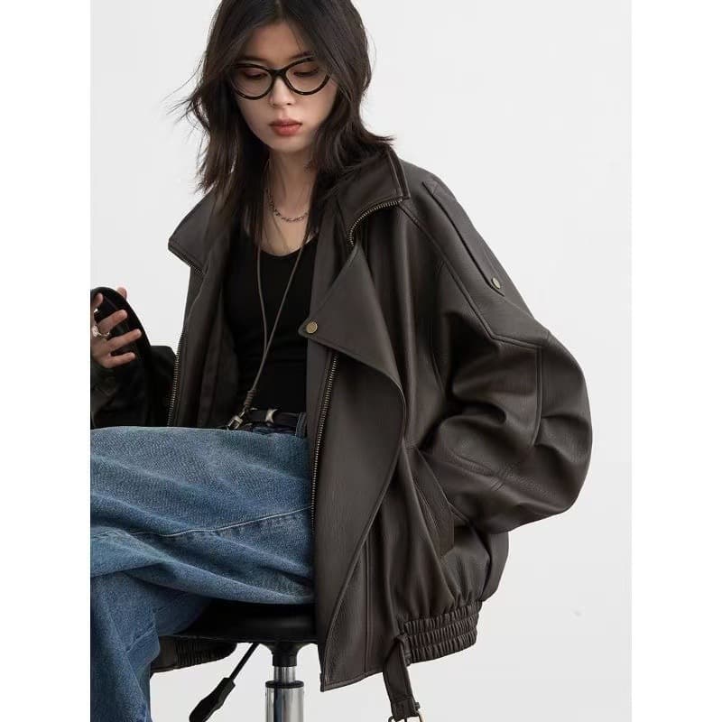 CHICVEN autumn new heavy-duty retro stand-collar motorcycle leather jacket PU jacket top.