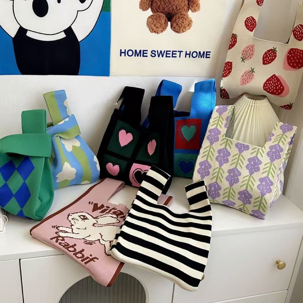 2025 New Daily Casual Versatile Handbag Knitted Handbag Bow Handbag Women's Wool Bag