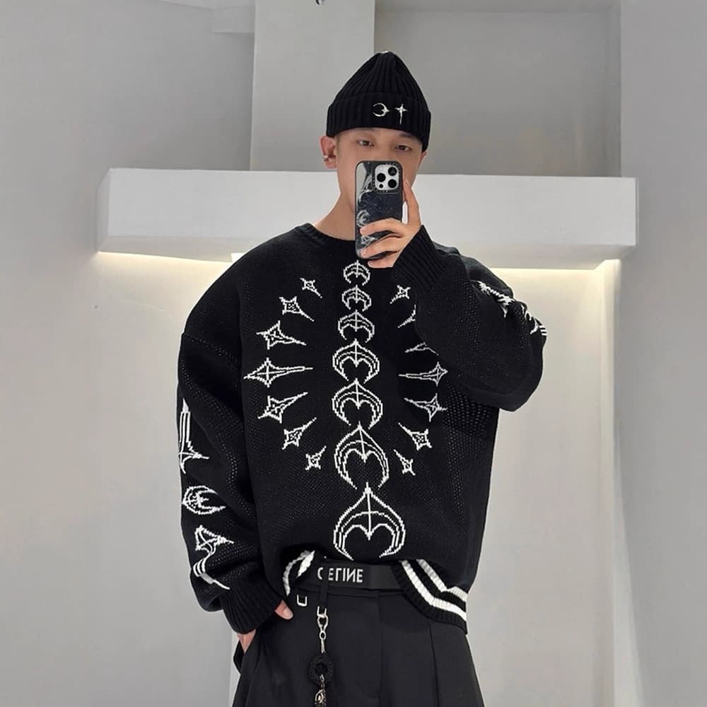 Thug Club 25FW Star Moon Contrast Color Patchwork Knitted Long Sleeve Sweater Unisex Streetwear Pullover