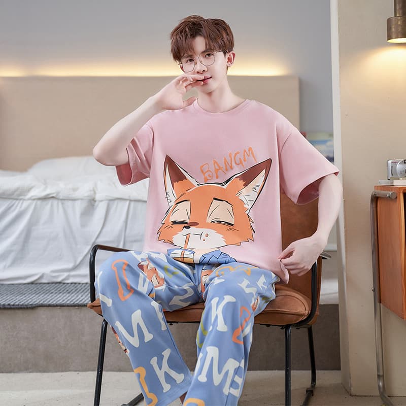 Men's Pajamas Summer Pure Cotton Short Sleeve Long Pants Thin Spring Autumn Plus Size Cartoon Youth Men's Homewear Set