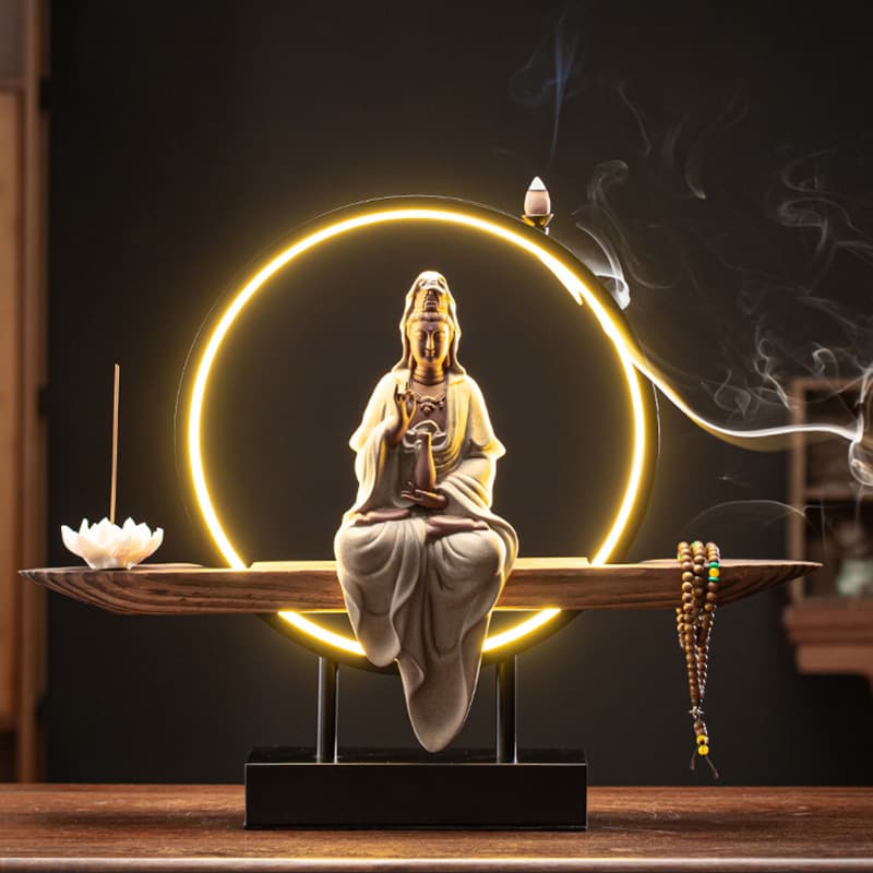 Zen Jade Purifying Bottle, Guanyin Bodhisattva, Buddha Statue, Lamp Ornament, Backflow Incense, Creative Ceramics, High-end Home Decoration Crafts