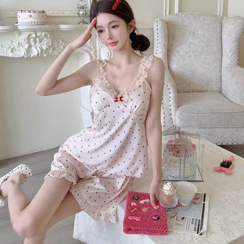 Ice Silk Pajama Set for Women Summer Thin Camisole Shorts Lace Print Spring Autumn Sleepwear Loose Homewear with Padded Bra