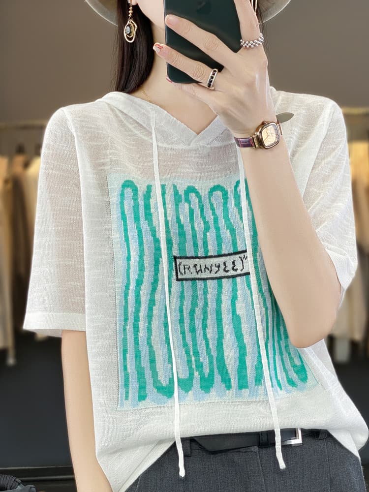 2023 Summer New Women's Loose Knit Sweater Ice Silk Plus Size Women's Belly-Covering Top Short Sleeve T-Shirt Slimming