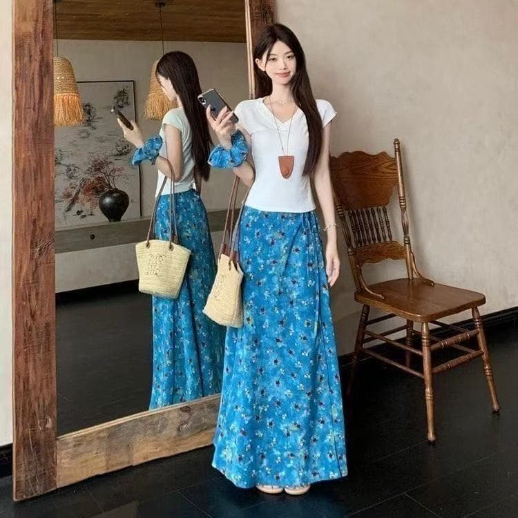 Korean Sweet Style Blue Floral Print Tie-Waist A-Line Maxi Skirt for Women Summer High-Waist Retro Long Skirt Ins