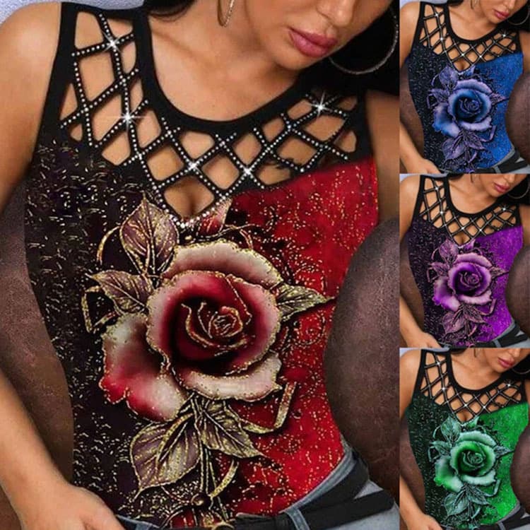 2023 European and American Summer Women's New eBay Independent Site wish 3D Rose Hollow Vest Women's T-Shirt Top