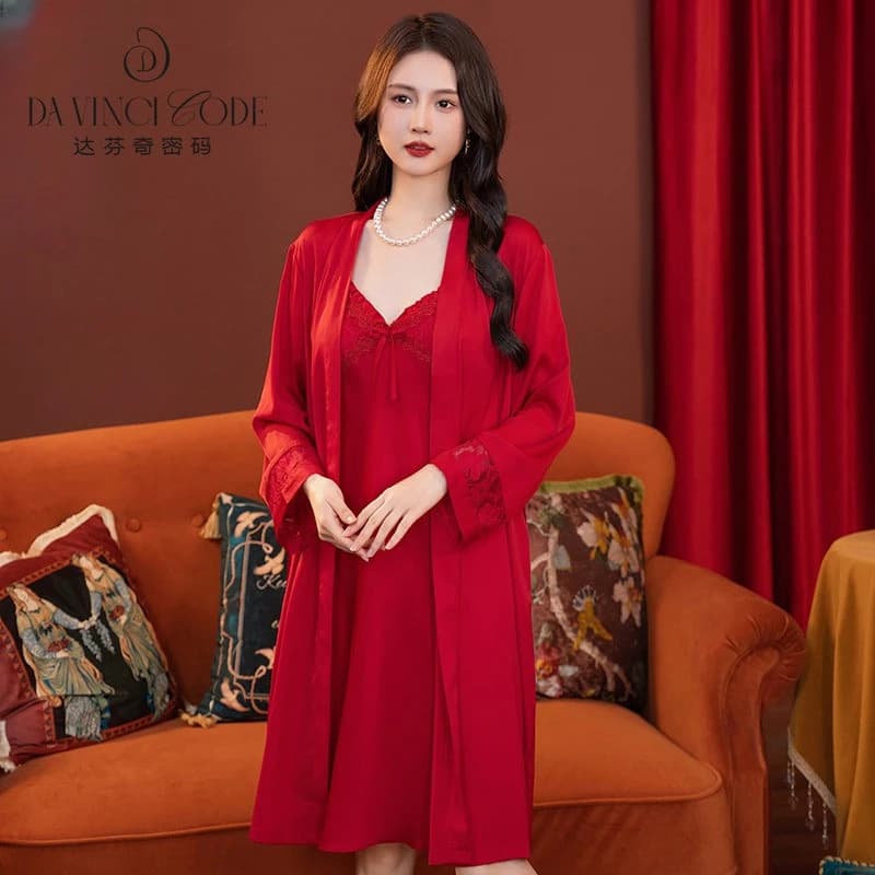Da Vinci Code Spring/Autumn New Spaghetti Strap Camisole with Padded Bra Two-Piece Lace Sleepwear Women's Bride Morning Robe Loungewear Set