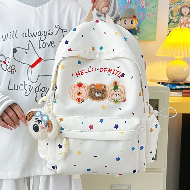 Japanese Cute Bear Embroidery Backpack for Girls, School Style, Large Capacity, for Grades 5-6 and Middle School