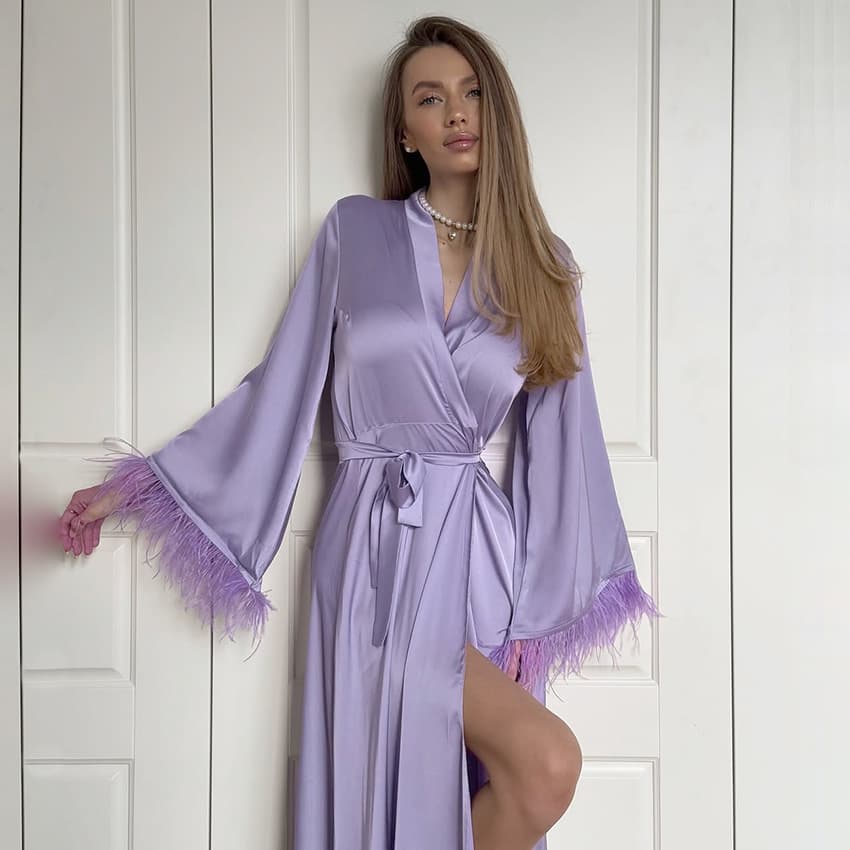 2025 European and American Cross-Border Women's Autumn and Winter Faux Silk Satin Pajamas with Ostrich Feather Long Sleeves, Loungewear