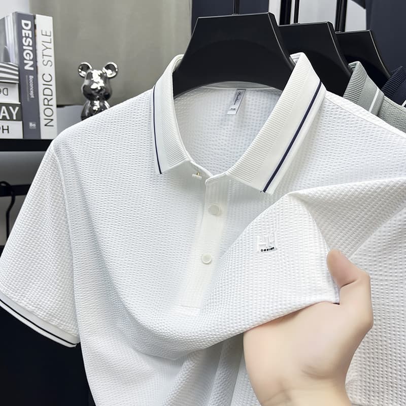 Jinmmonia seamless short-sleeved polo shirt for men's summer new style loose and drapey bubble cloth top T-shirt for men