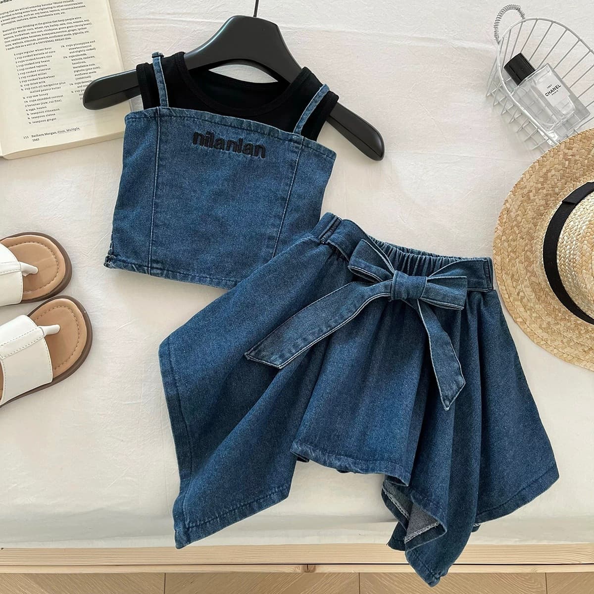 Girls' Denim Set 2026 Summer Sleeveless Tank Top Denim Camisole Irregular Skirt Three-Piece Set