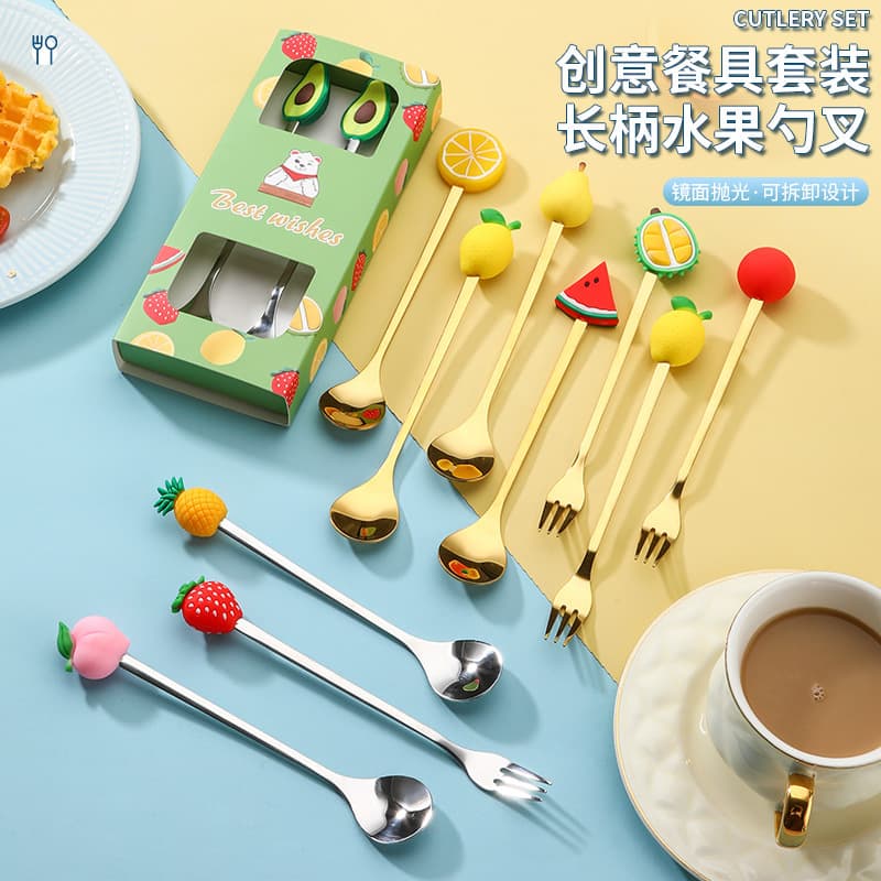Cross-border fruit spoon and fork tableware set Creative stainless steel coffee spoon fruit fork dessert spoon and fork two-piece set
