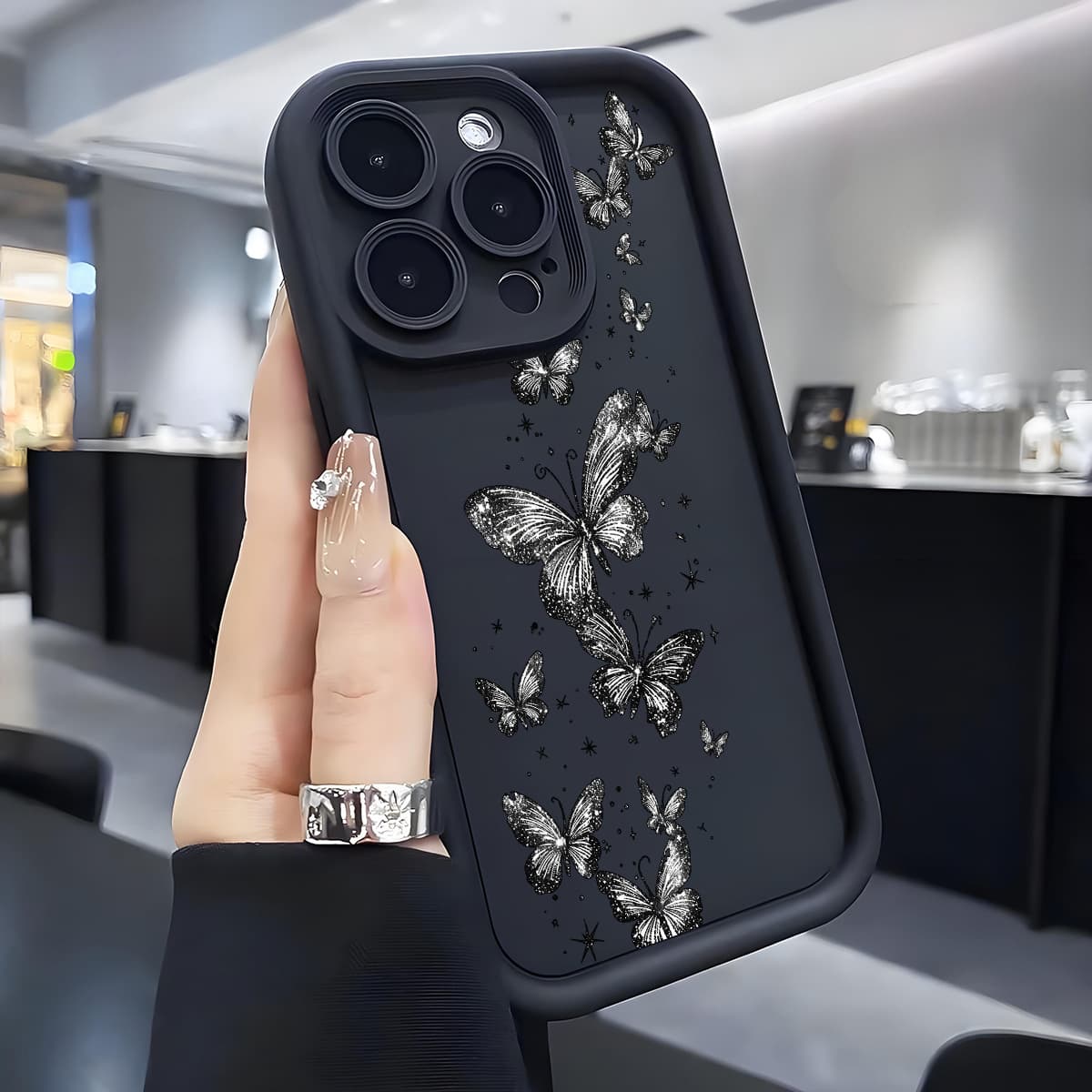 Gray Butterfly Cross-border Emery Stepped Eye Black Groove Phone Case Protection for iPhone 16/17