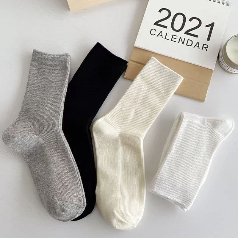 Cream Color JK Socks for Women Spring Summer Mid-Calf Thin Solid Color Double Needle Japanese Style Versatile Black Lolita Stacking Socks