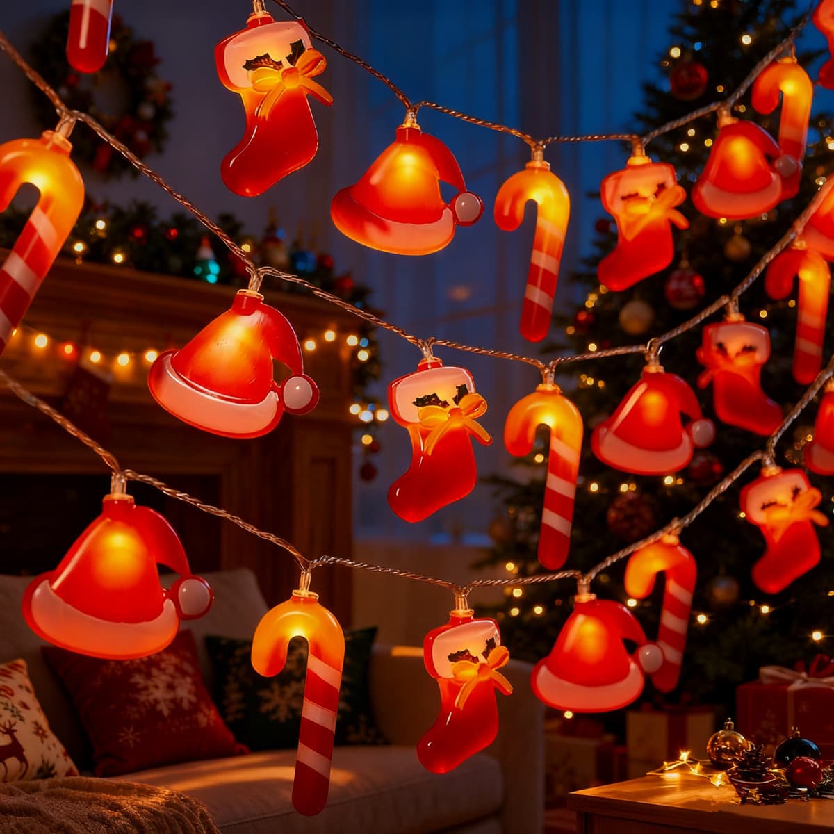 LED Christmas Hat Sock Cane Light String Solar Outdoor Bar Scene Decorative Atmosphere Light for Room Decor