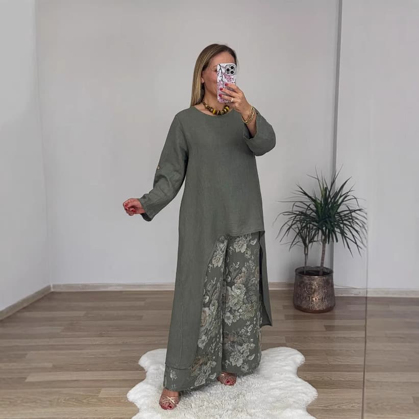 2025 European and American foreign trade new style women's casual cotton and linen irregular tops and wide-leg pants suits