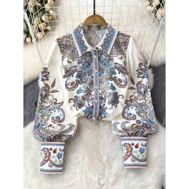 AliExpress autumn foreign trade new Blouses bohemian style printed shirt collar holiday style women's clothing