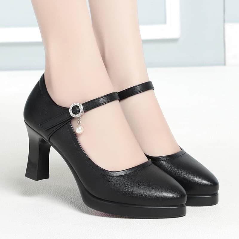 Casual Formal High Heel Leather Shoes Soft Leather Thick Sole Single Shoes Chunky Heel Runway Shoes Platform One-Strap Buckle Women's Shoes