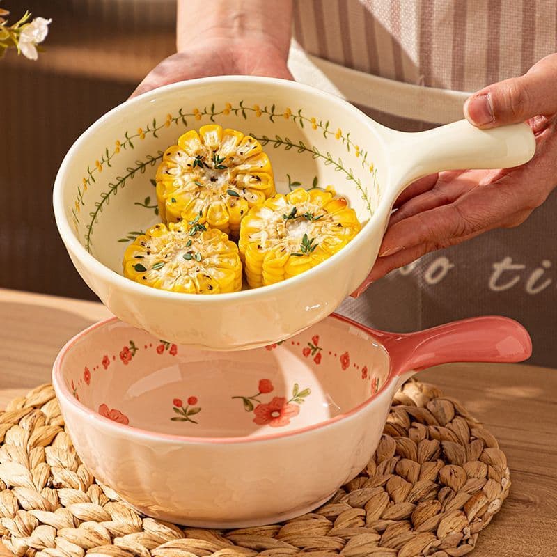 High-Aesthetic Handle Bowl Ceramic Baking Bowl, Beautiful Rice Bowl for Home Use, Fruit Salad Bowl, Underglaze Colored Instant Noodle Bowl