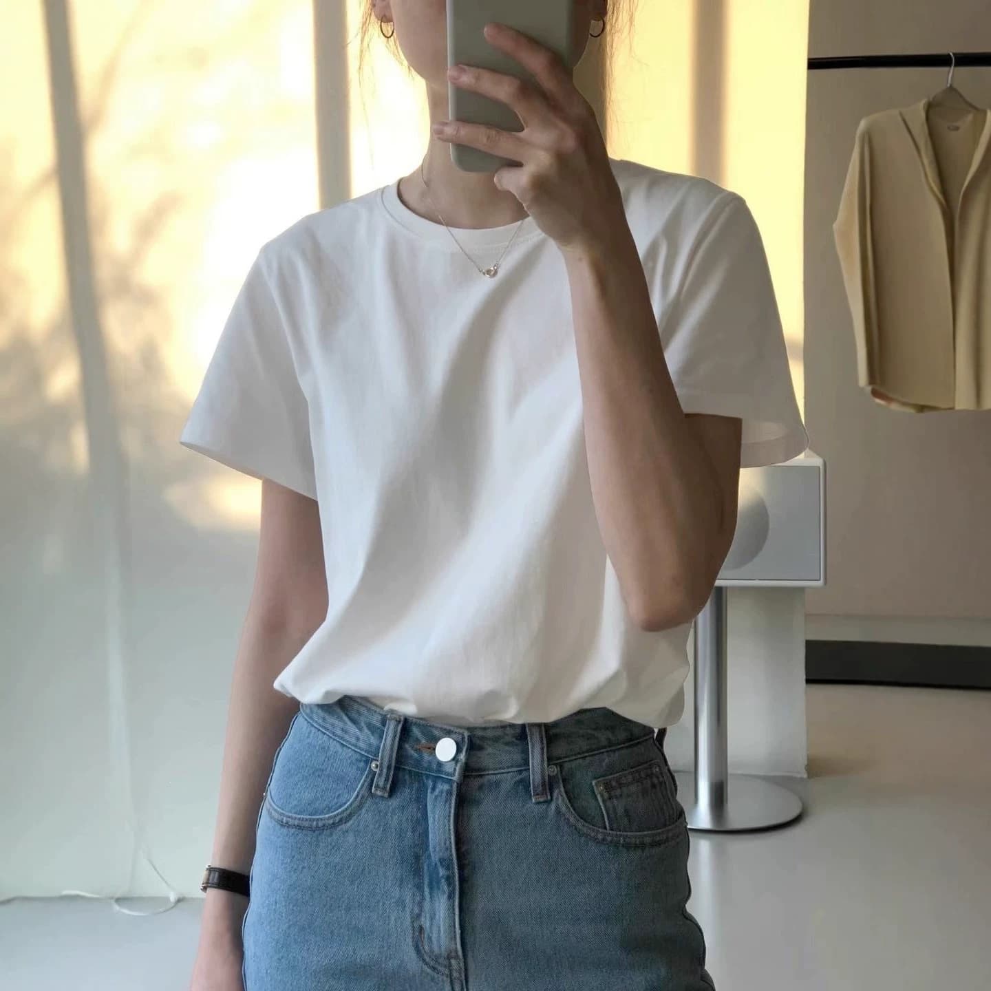 Pure cotton white T-shirt 2026 summer right shoulder short-sleeved women's simple style spring and autumn inner loose basic top