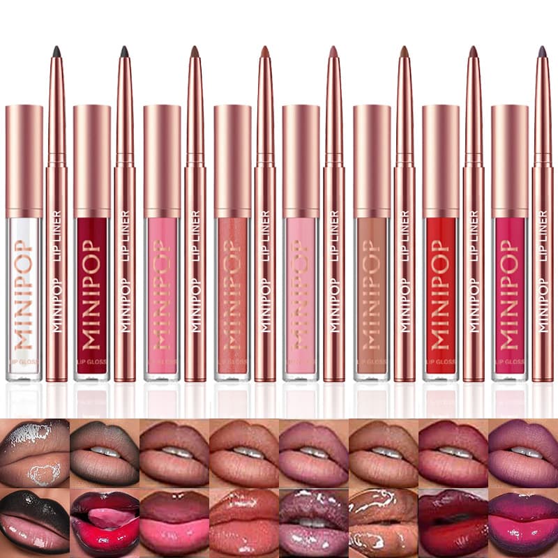 MINIPOP cross-border two-in-one lip gloss, lip oil, lip liner set, matte hook line lipstick, mirror pearlescent lip gloss