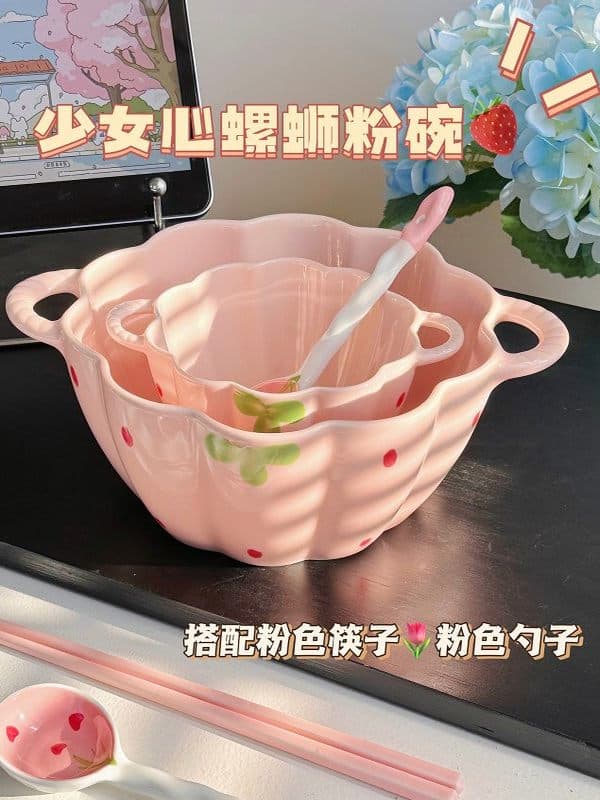 Strawberry double-ear soup bowl large bowl underglaze color household large-capacity snail noodle bowl instant noodle bowl fruit salad bowl