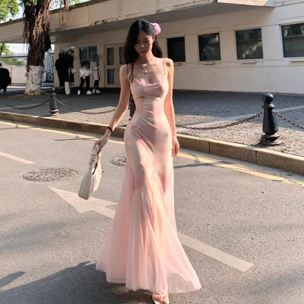 French pink floral mesh suspender dress for women summer 2025 seaside vacation slim waist long skirt