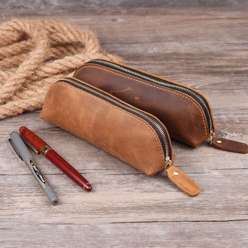 Simple pencil case hot selling Crazy Horse men's and women's stationery pen case pen storage zipper glasses bag wholesale black