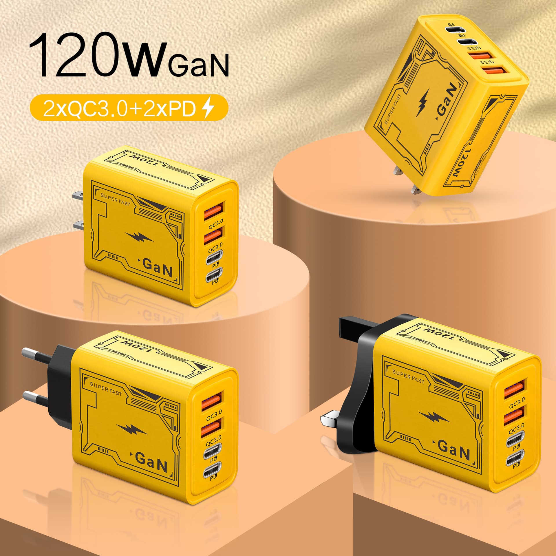 Mecha Pd120W Smart Plug Dual Type-C+ Dual USB Multi-Port Adapter European, American and British Mobile Phone Charger