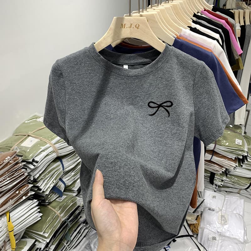 Regular Shoulder Pure Cotton Gray Short Sleeve T-Shirt for Women Slim Fit Summer 2026 New Bow Print Figure-Flattering Top