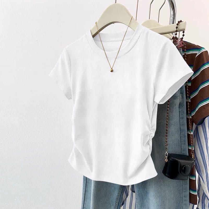 Round Neck Regular Shoulder Short Sleeve Women's T-Shirt 2026 New Design Slim Fit Pullover Pleated Versatile Cropped Top Tee