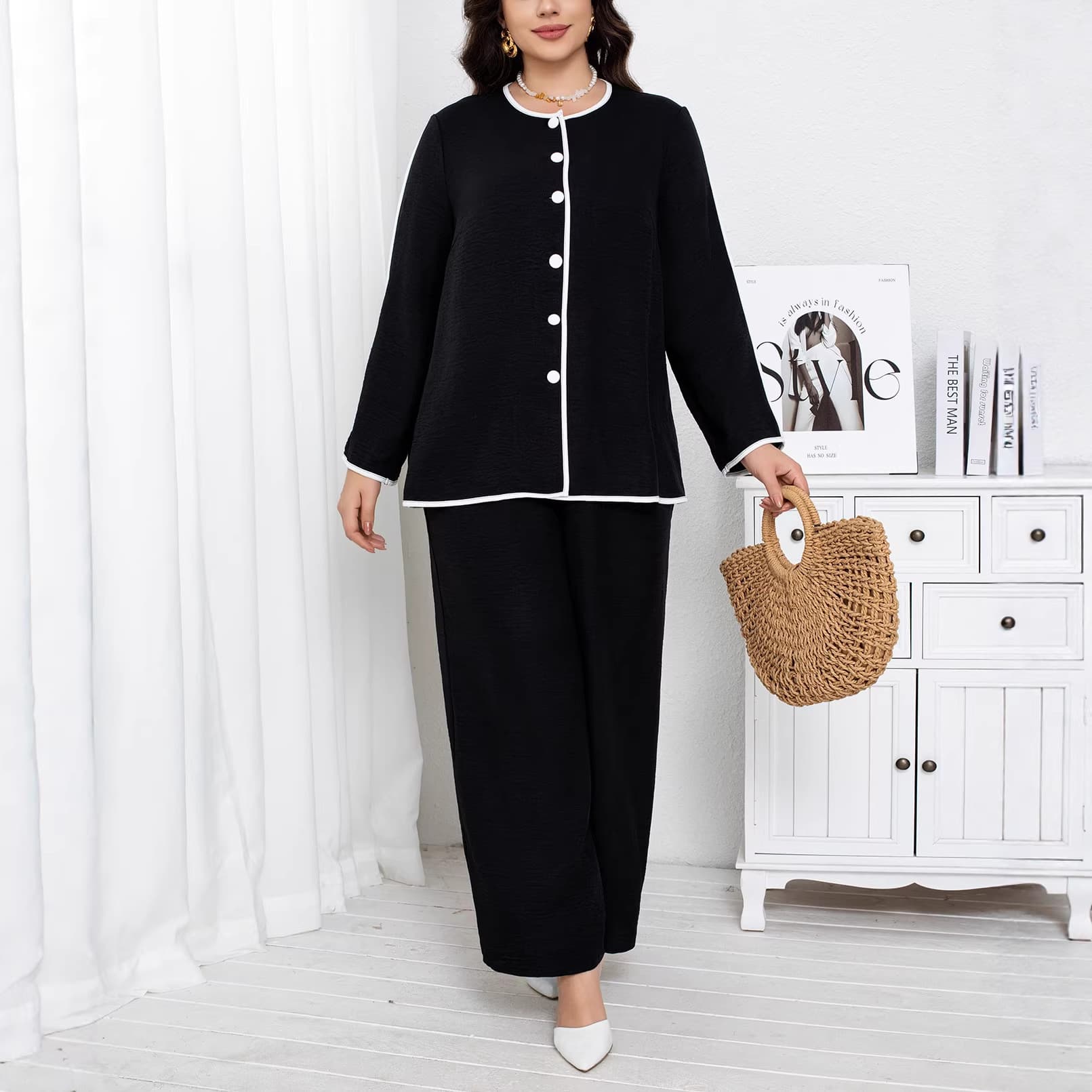 Spot large size loose retro shirt collar temperament commuting literary shirt set large size women's two-piece set