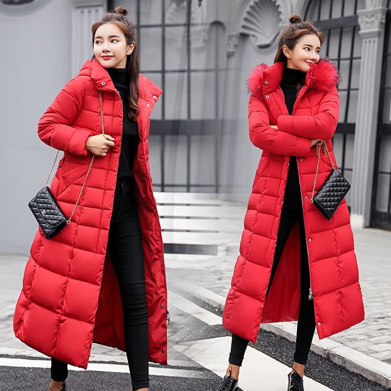 [In Stock] Women's Winter New Korean Style Long Down to Knee Cotton Coat with Large Fur Collar Slim Fit Thickened Cotton Jacket