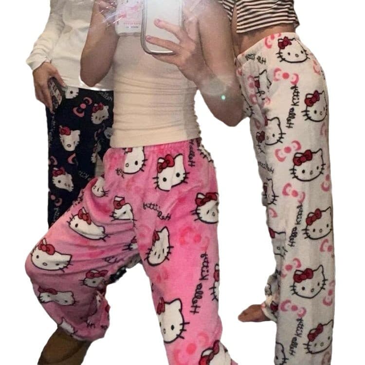 Cartoon Cat Flannel Korean-style Sleep Pants for Women, Autumn/Winter Coral Fleece Thickened Warm Casual Home Pants, Suitable for Outdoor Wear