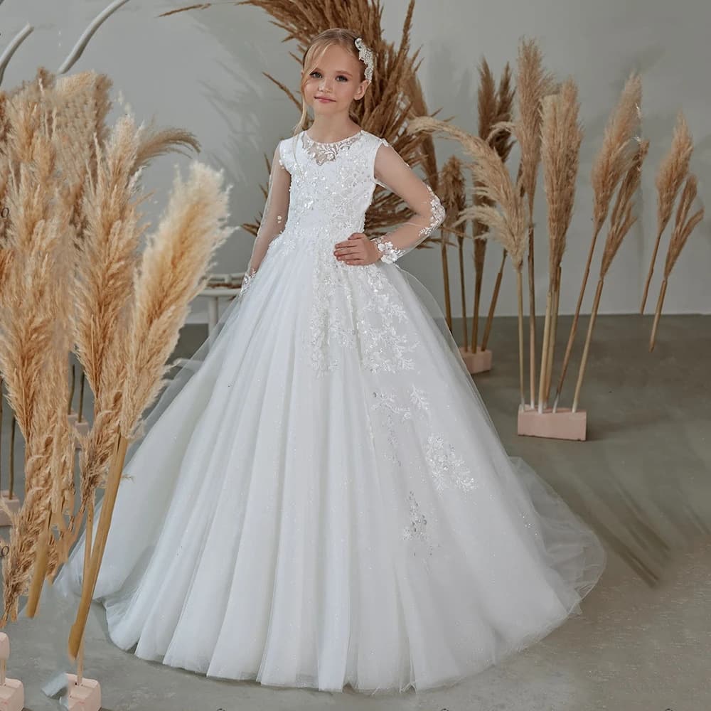 Girls Princess Dress Wedding Gown Fairy Fluffy Tulle Skirt European American Birthday Little Girl Performance Costume Long Sleeves