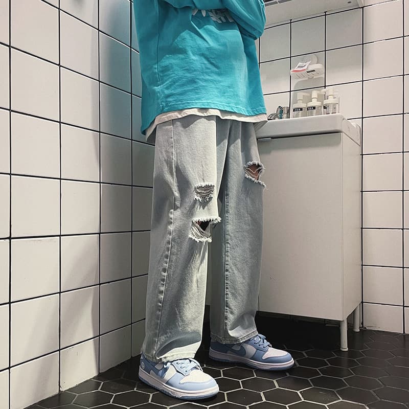 Trendy Ripped Jeans Men's Loose-fit Straight-leg Hong Kong Style Lightweight Pants Korean Version Cropped Pants Casual Scene