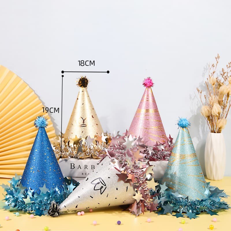 Pom-pom Hat with Star Trim Birthday Hat for Adults and Kids Cake Party Decoration Matte Pearlescent Pointed Hat
