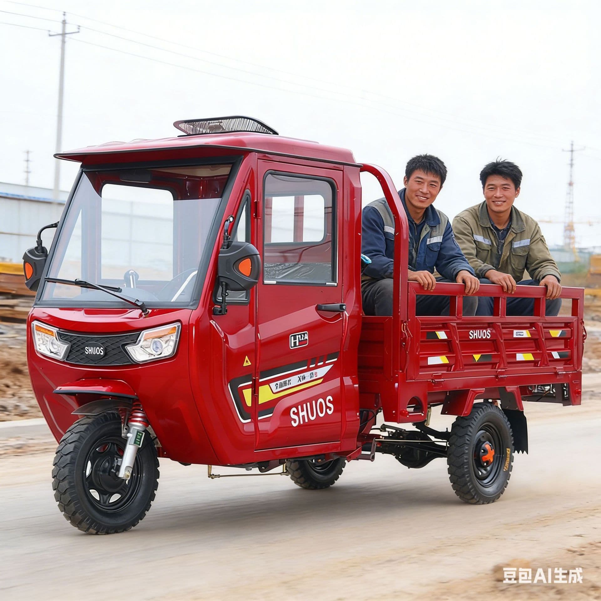 Semi-Enclosed Semi-Cabin Transport Vehicle, Convenient Self-Unloading Dump Truck for Construction Site Cement and Mortar Transport, Three-Wheeled Gasoline-Powered Motorcycle