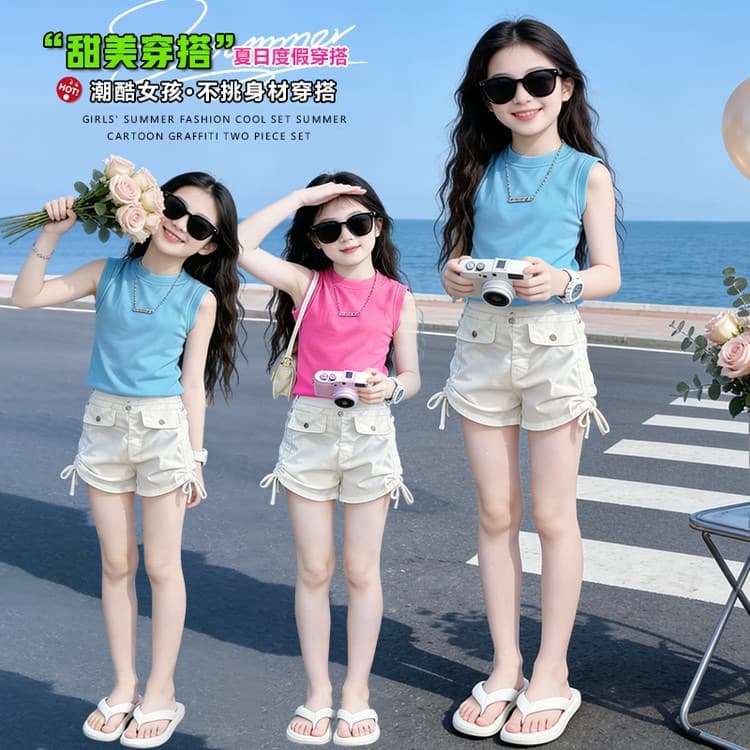 Girls Striped Short Sleeve Ripped Jeans Suit 2026 New Style Fashionable Short Tops for Big Boys and Girls