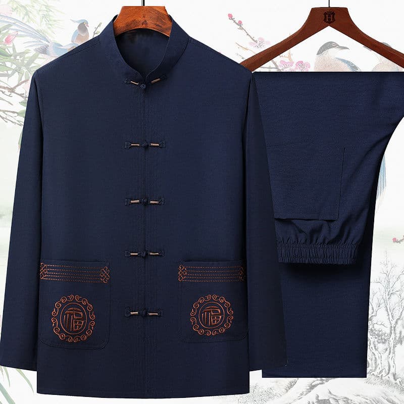 Tang Suit for Men, Middle-aged and Elderly, Long-sleeve Set, Chinese Style, Spring and Autumn, Grandfather, Old Man, Mandarin Collar, Traditional Men's Clothing