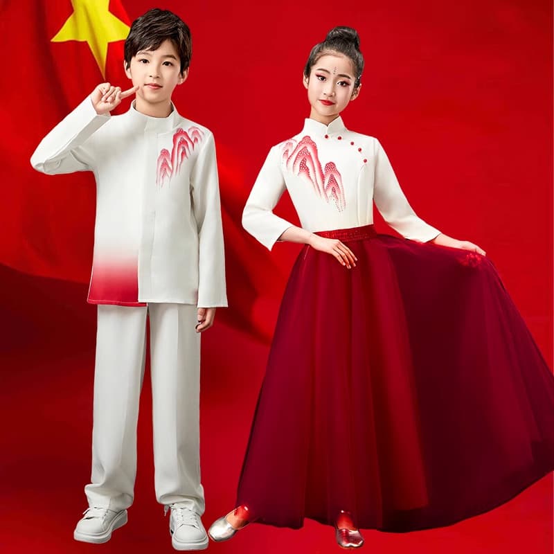 New Children's Performance Costume, Primary and Secondary School Chorus Uniform, Chinese Patriotic Style Boys and Girls Formal Wear for National Day Poetry Recitation