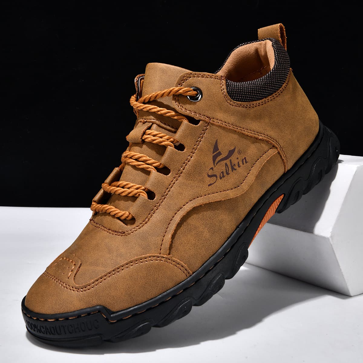 Cross-Border Plus-Size Men's Casual Leather Shoes, Fashionable Hand-Stitched Ankle Boots, Comfortable Flat Lace-Up Casual Shoes for Hiking