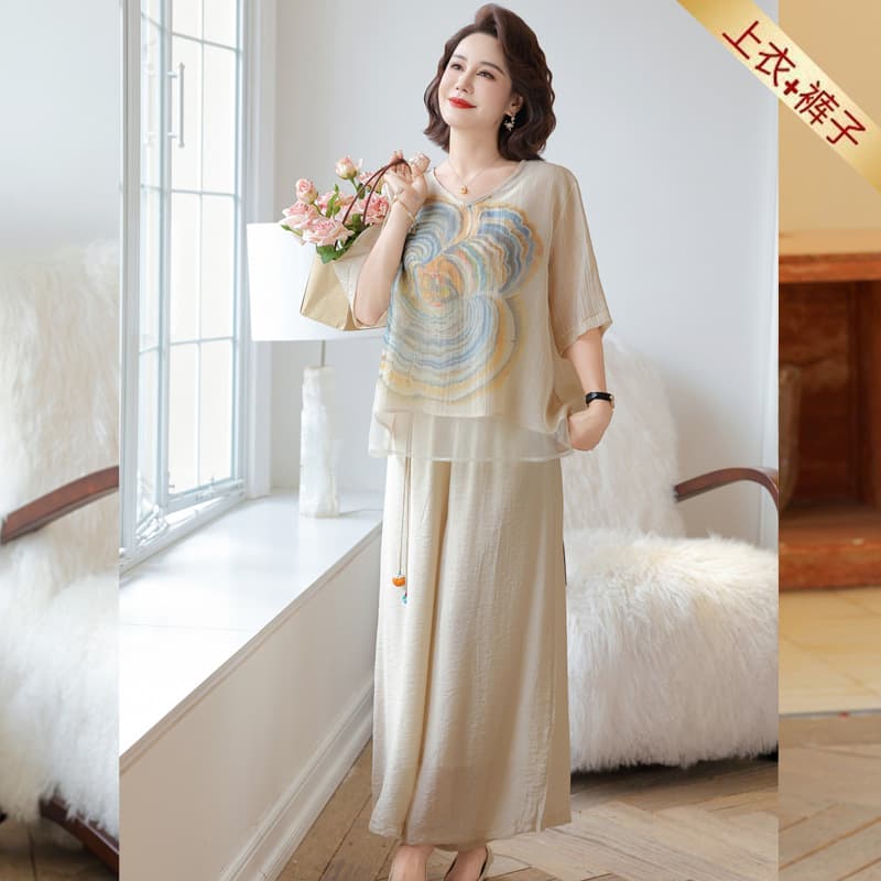 Mother's Day Gift Summer Tencel Linen Short Sleeve Set Elegant Middle-aged Women's Loose Fit Flattering Breathable Top