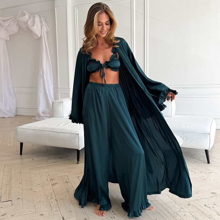 Satin Crepe Ruffle Edge Robe Lingerie Long Pants Three-Piece Set Cross-Border Autumn and Winter European and American Style Pajamas Loungewear Set