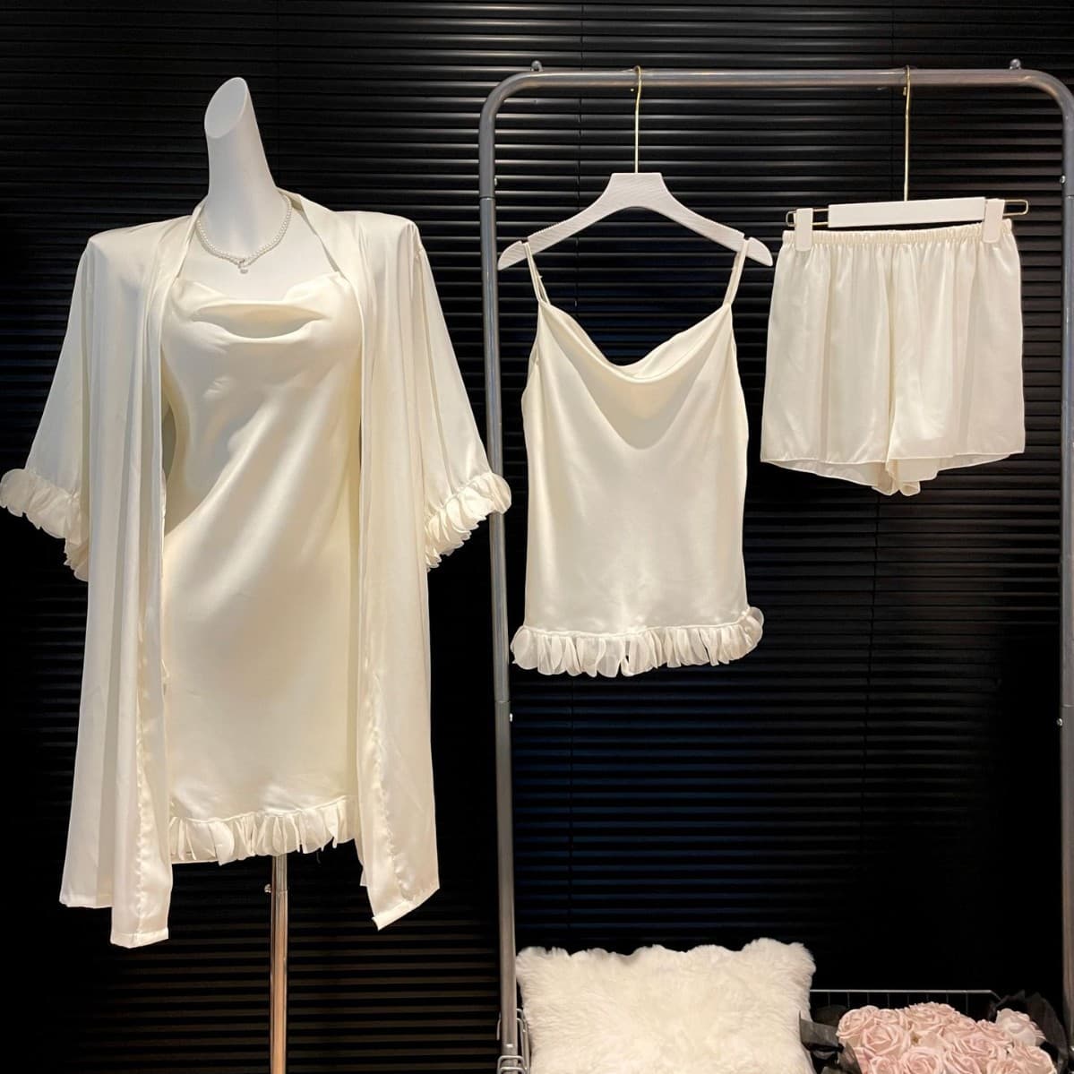 Xianxian Ribbon Sexy Nightgown Women's 4-Piece Set Summer Ice Silk Camisole Pure Desire Style High-End Sleepwear Sexy Loungewear