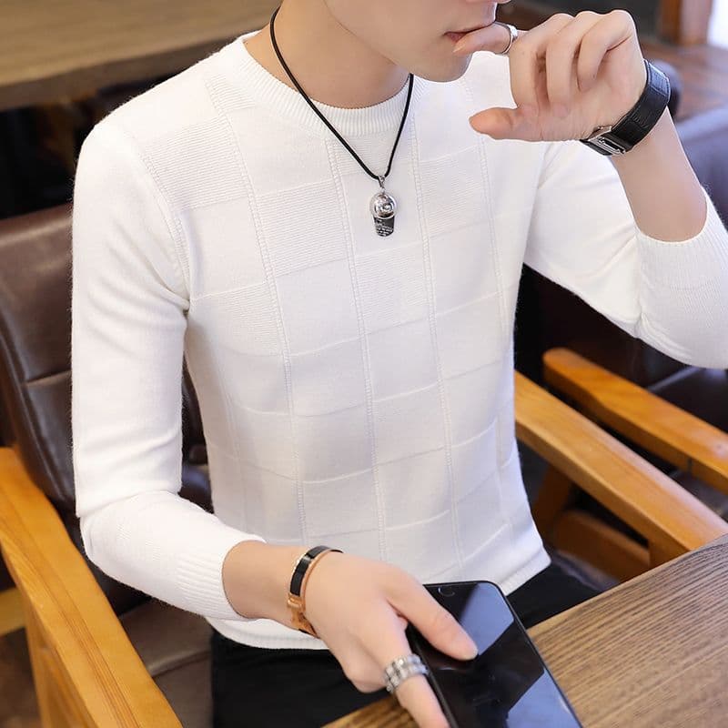 Autumn/Winter Men's Sweater Korean Style Plaid Knitwear Trendy Round Neck Medium-Thick Solid Color Base Layer