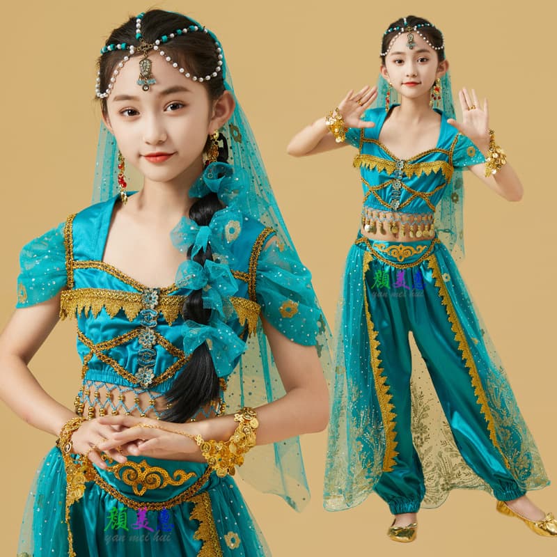 Children's Indian Dance Costume for New Year, Aladdin Jasmine Belly Dance Outfit, Ethnic Dance Clothing for Kids