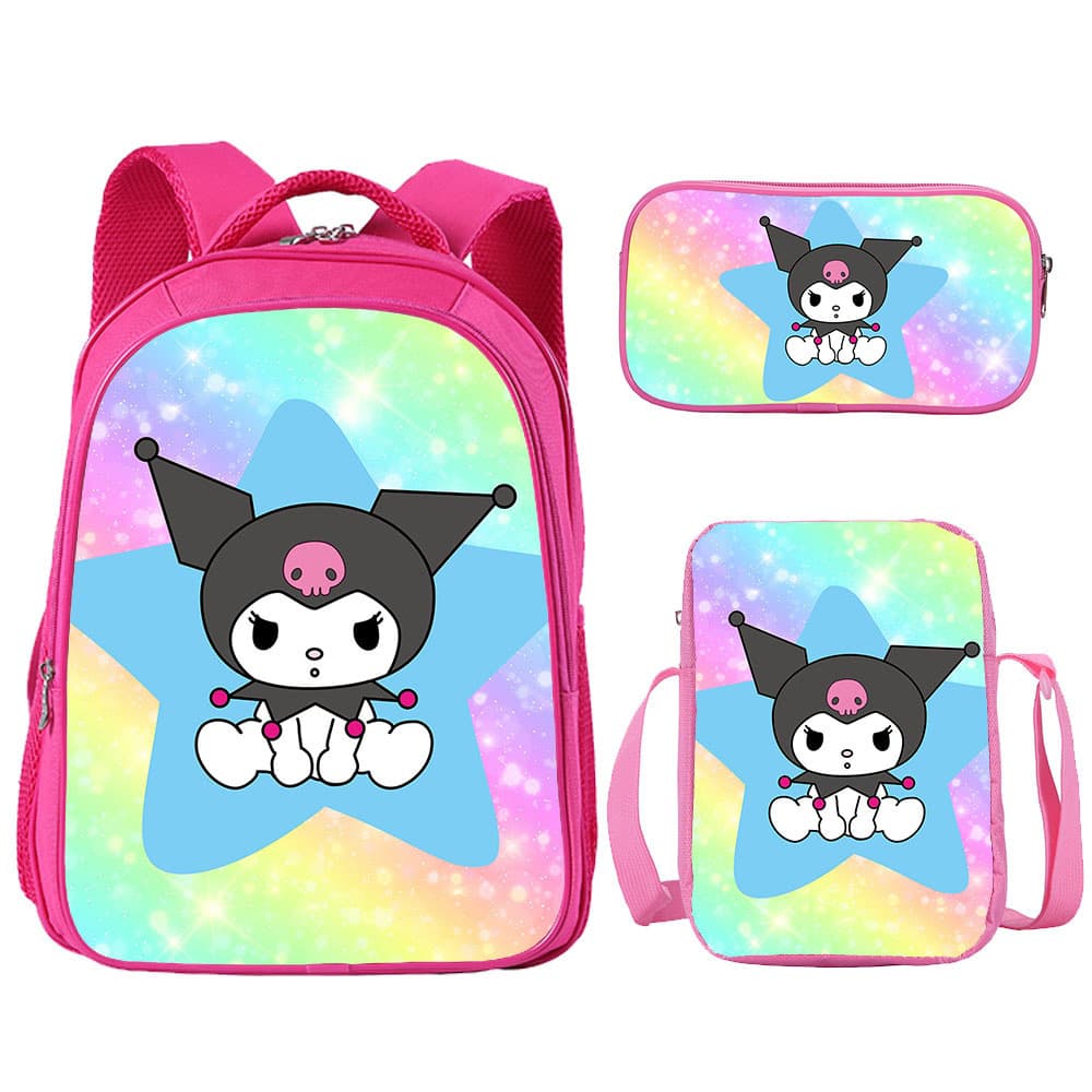 Kuromi Student Backpack 3-Piece Set 16-Inch Double-Layer Pink Backpack Pencil Case Crossbody Bag Set Wholesale